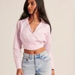 abercrombie pink cropped collared long sleeve shirt